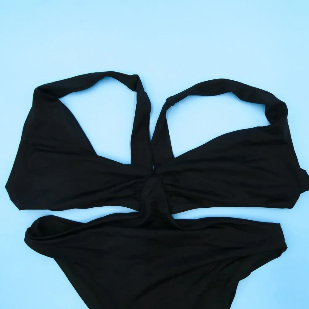 Agua Bendita Medium Black Smooth‎ One Piece Ruffle Swimsuit Cutout Strappy Beach